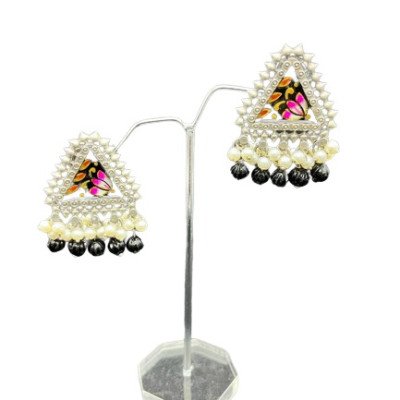 Ridha German Silver Handpainted Oxidised Drop Earrings