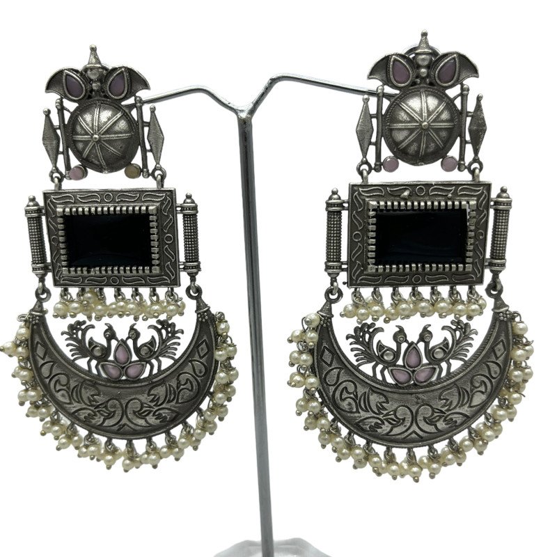 German Silver Jhumka with Monalisa Stone and Peacock design