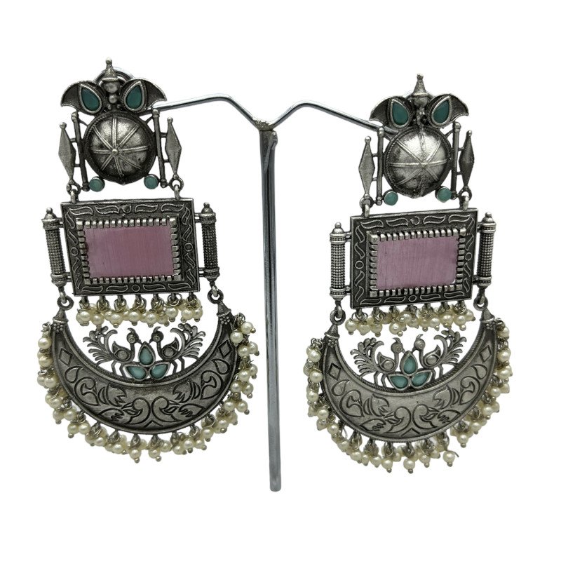 German Silver Jhumka with Monalisa Stone and Peacock design