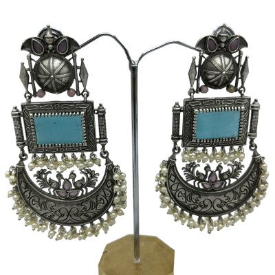 German Silver Jhumka with Monalisa Stone and Peacock design